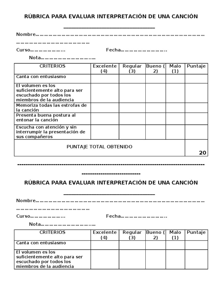 Rubrica para evaluar una canción