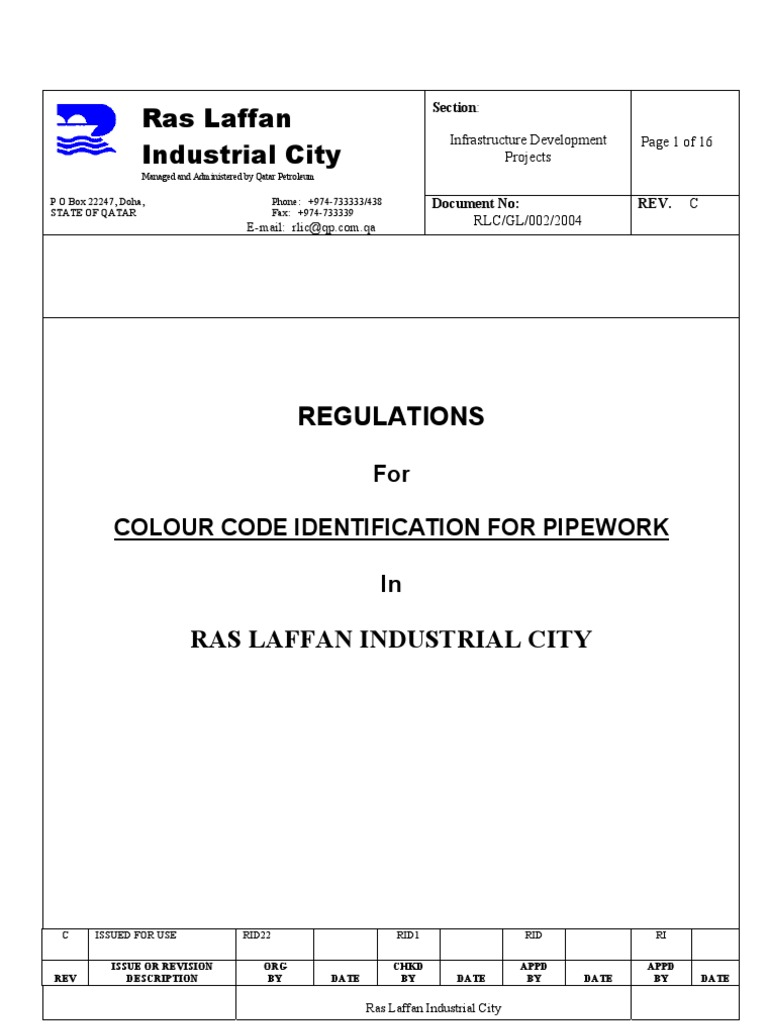 Regulations for Color Code for piping systems Pipe (Fluid Conveyance