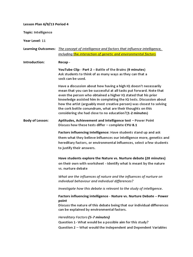 Lesson Plan 8 Year 11 Intelligence Intelligence Nature Versus Nurture