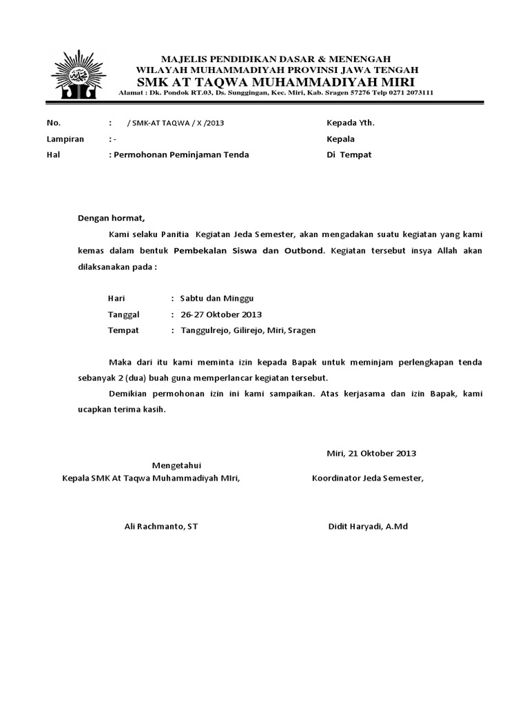 Surat Peminjaman Tenda