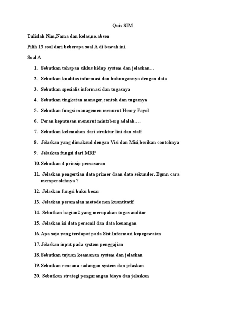 Soal Dan Jawaban Pra Uts Sim Bsi