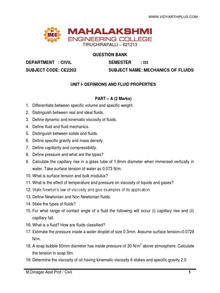 Fluid Mechanics Question Bank CE2202 | PDF | Boundary Layer | Fluid ...