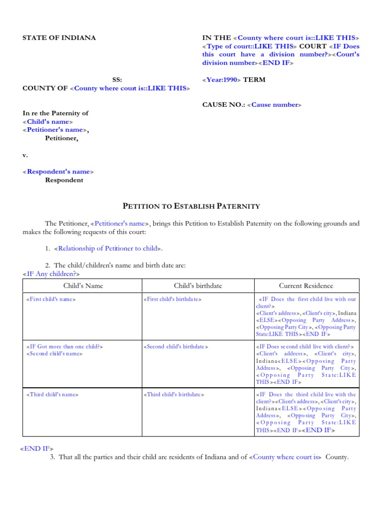 Petition to Establish Paternity | United States Law | Social Institutions