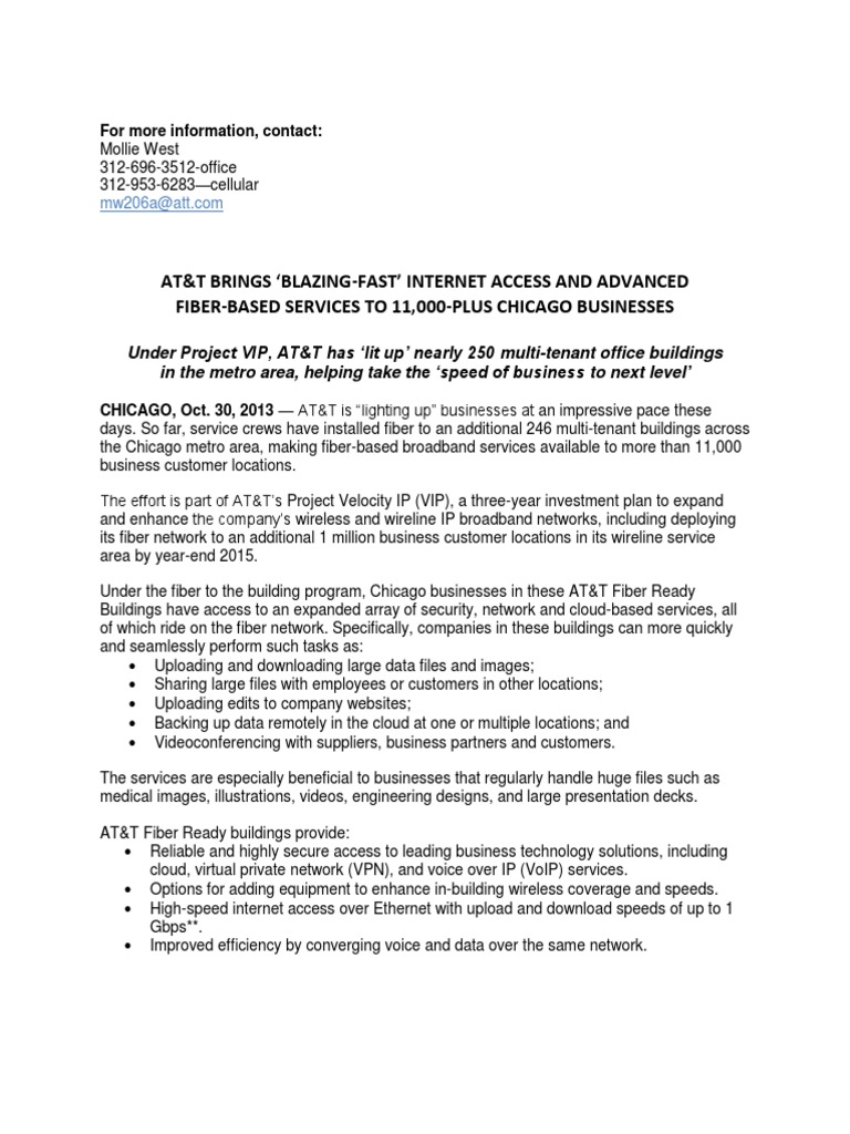 At&T Brings Blazing-Fast' Internet Access and Advanced Fiber-Based ...