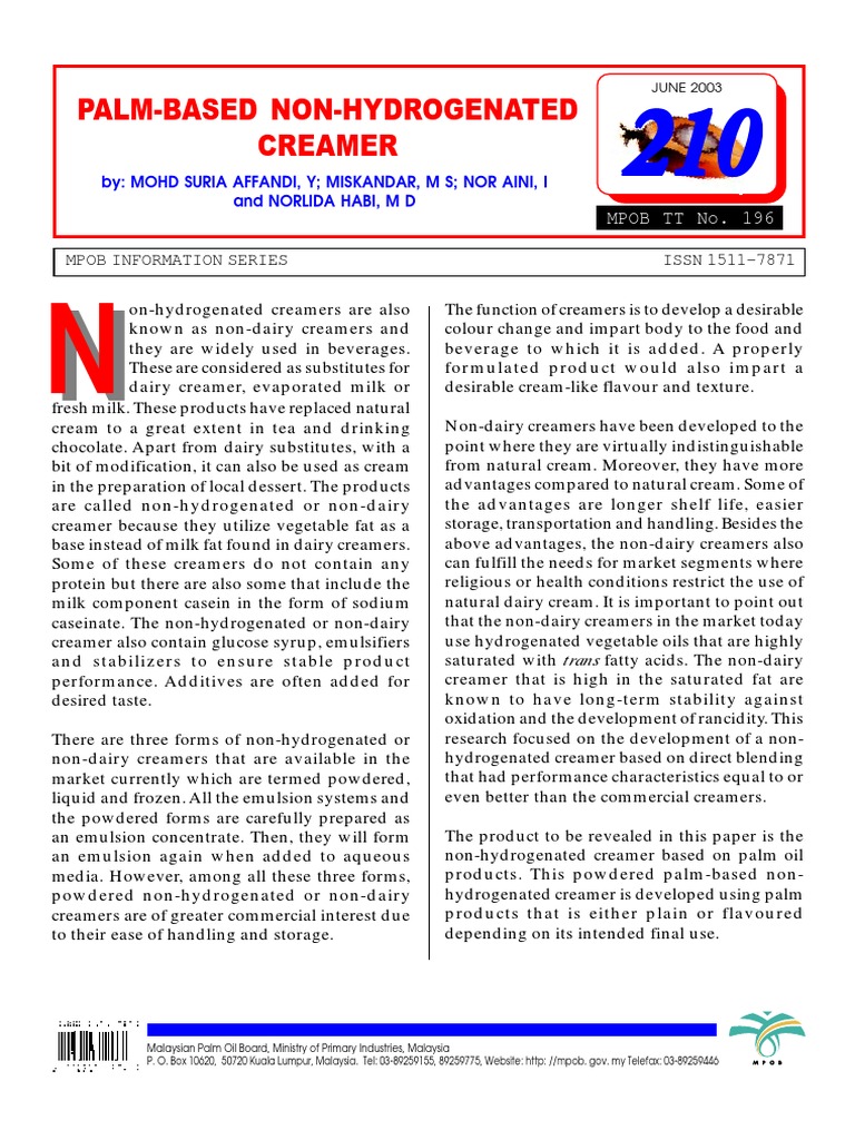 Palm Based Non Hydrogenated Creamer PDF PDF Emulsion Flavor