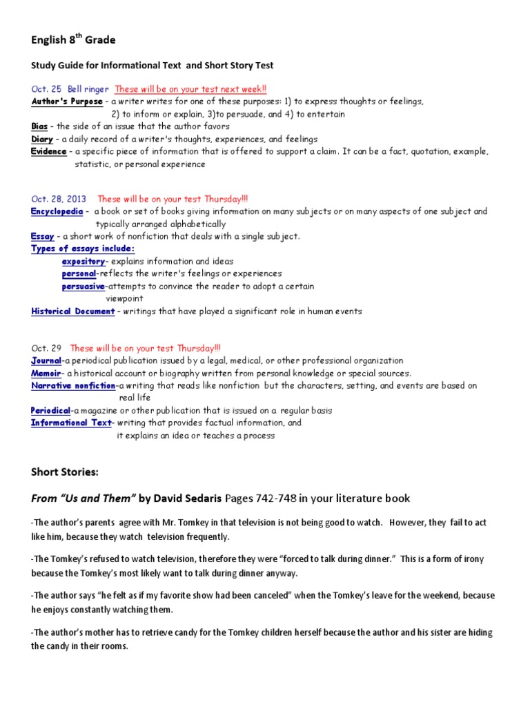 english 8th grade study guide for informational text short stories