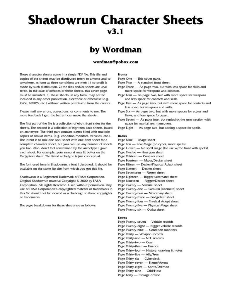 Shadowrun 3rd Ed - Character Sheets - Detailed (40 Pages) PDF | PDF ...