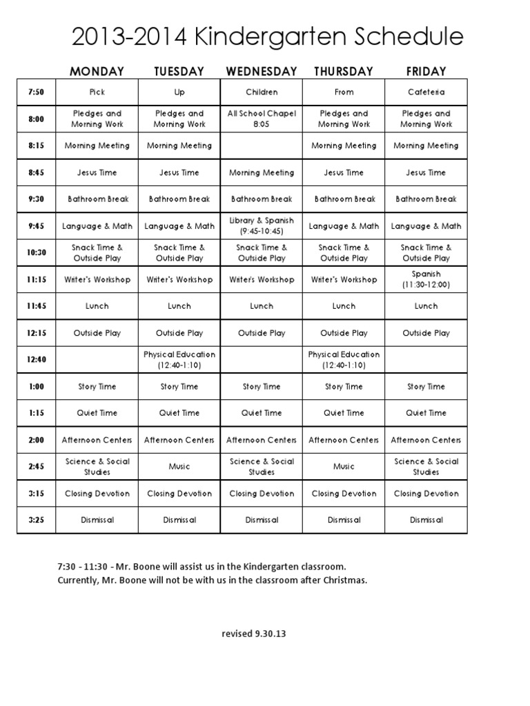 2013-2014 Kindergarten Daily Schedule | PDF | Foreign Language Studies ...