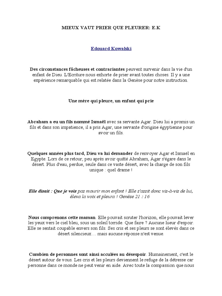 Mieux Vaut Prier Que Pleurer Pdf Agar Bible Abraham
