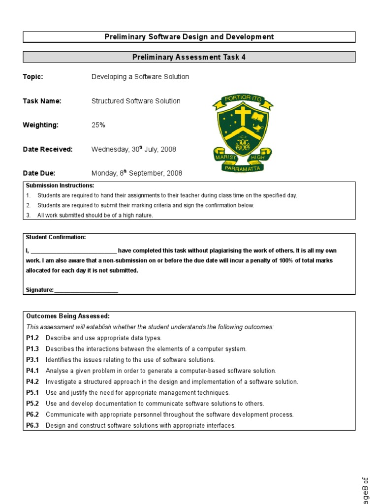 Preliminary Software Design and Development Preliminary Assessment Task ...