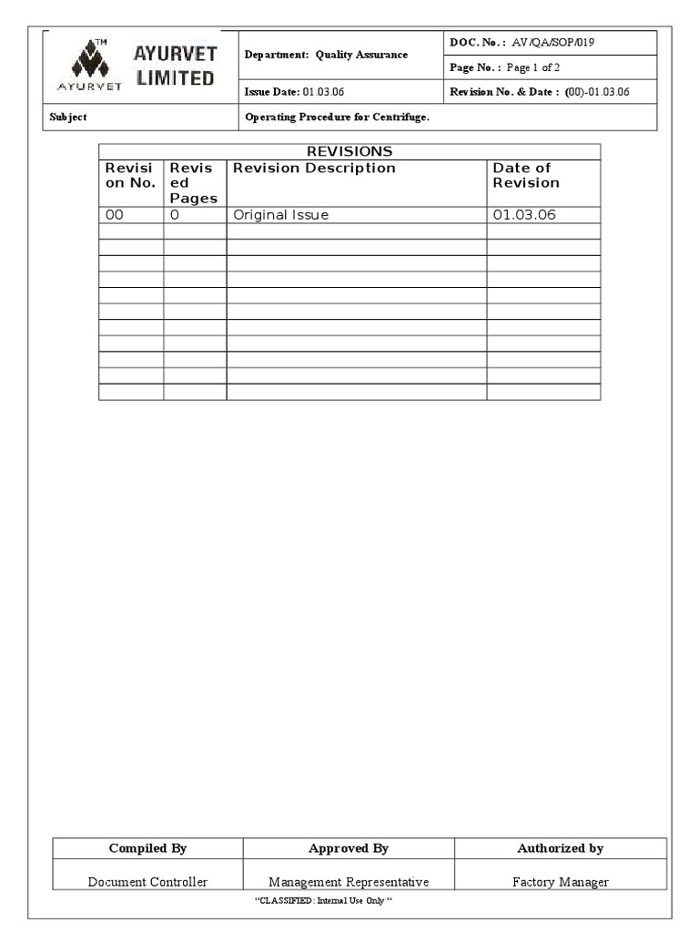 AV QA SOP 019 SOP For Centrifuge PDF