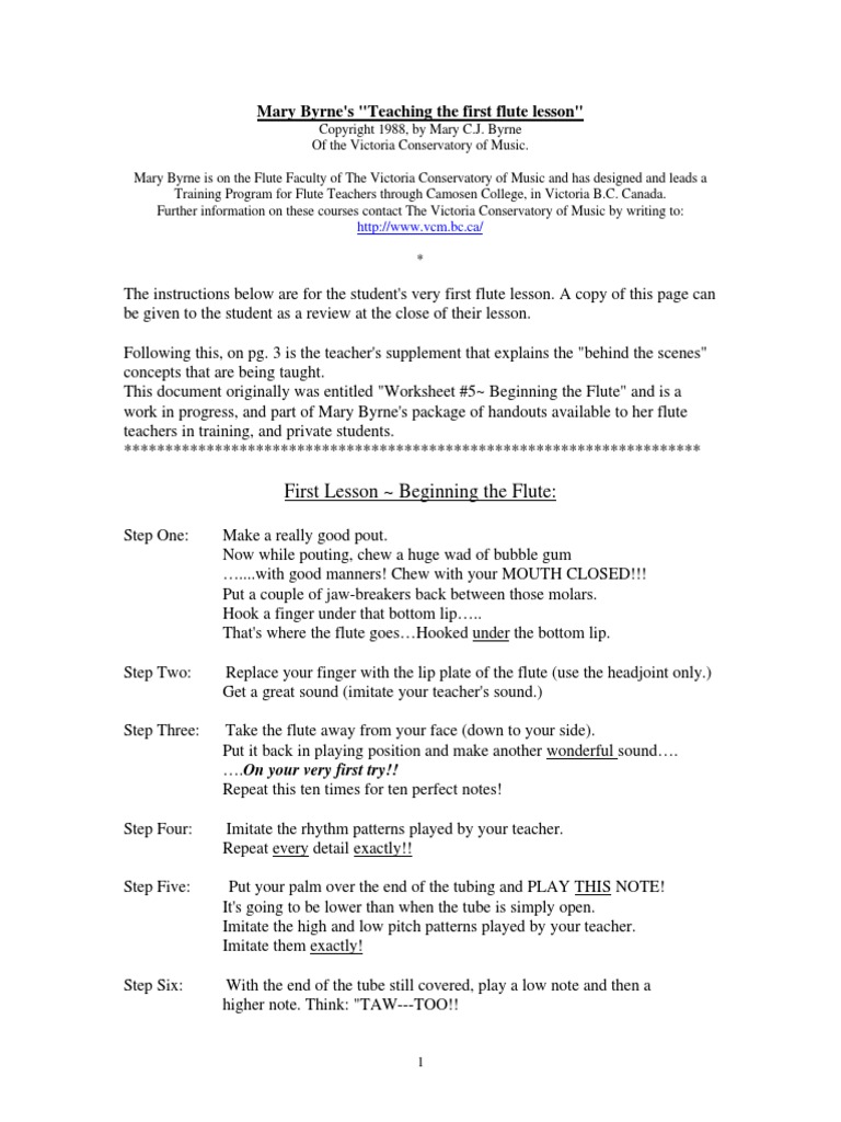 Mary Byrne's "Teaching The First Flute Lesson" PDF Flute Hand