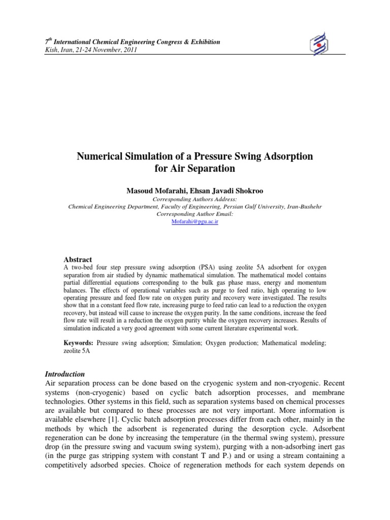 Numerical Simulation of A Pressure Swing Adsorption PDF | PDF ...