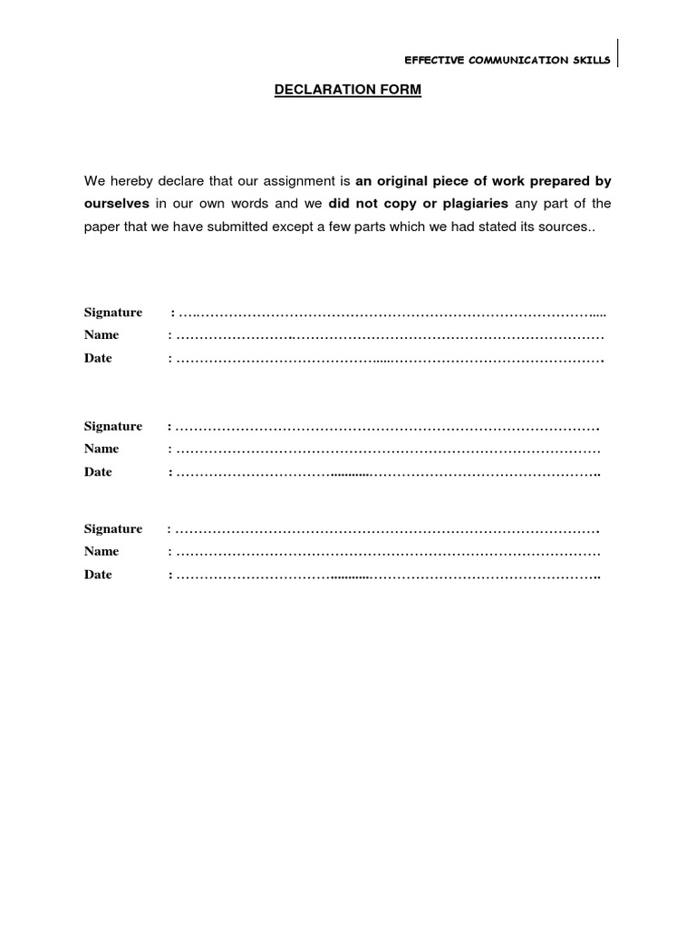 DECLARATION FORM - Docx Print | PDF | Social Psychology | Communication