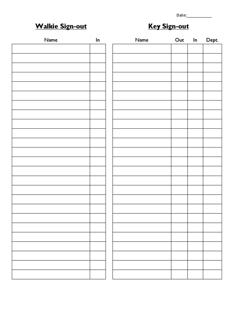 Walkie sign out key sign out name in name out in dept pdf