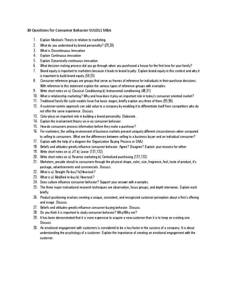 30 Questions For Consumer Behavior SU1011 MBA | PDF | Career & Growth ...