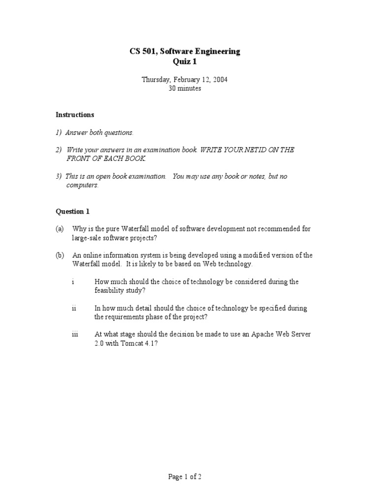 Software Engineering Quiz on Waterfall Model | PDF | Technology ...