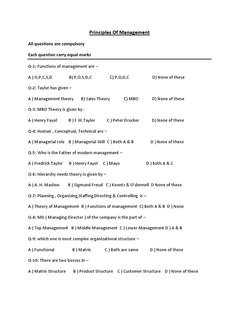 Principles of Management: All Questions Are Compulsory Each Question ...