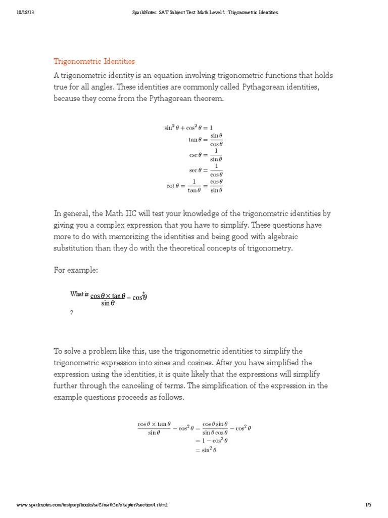 SparkNotes - SAT Subject Test - Math Level 2 - Trigonometric Identities ...