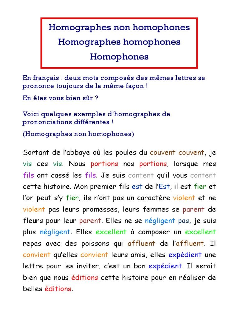 Exemples d'homographes en français | PDF | Études des langues ...