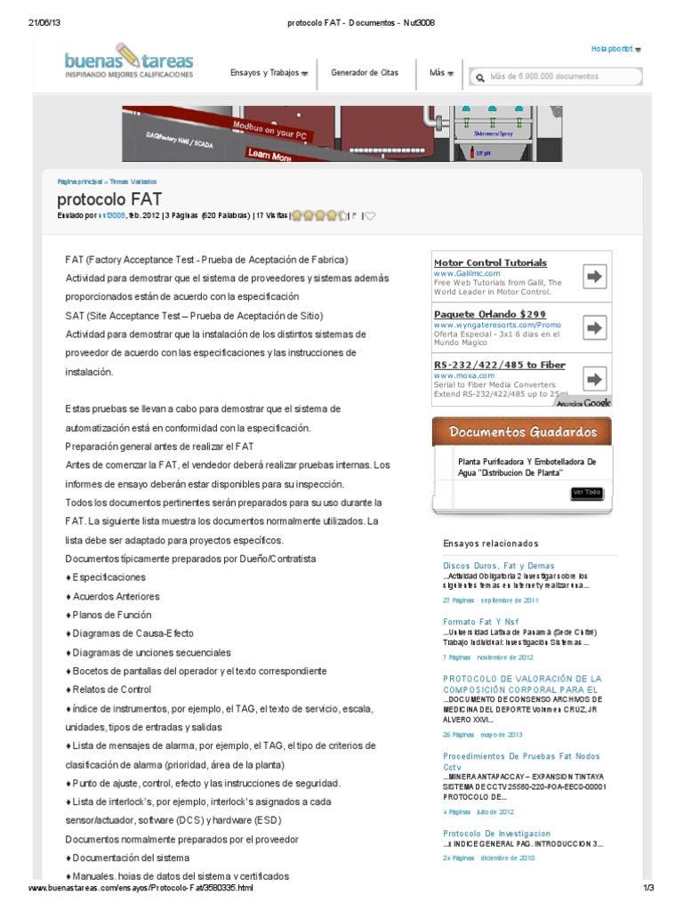 Protocolo FAT - Documentos - Nut3008 | PDF | Automatización | Hardware ...