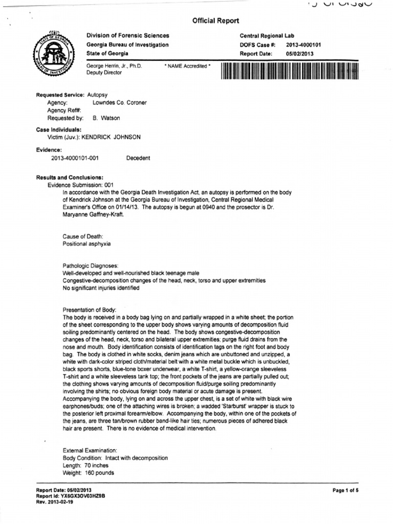 Kendrick Johnson Autopsy | PDF