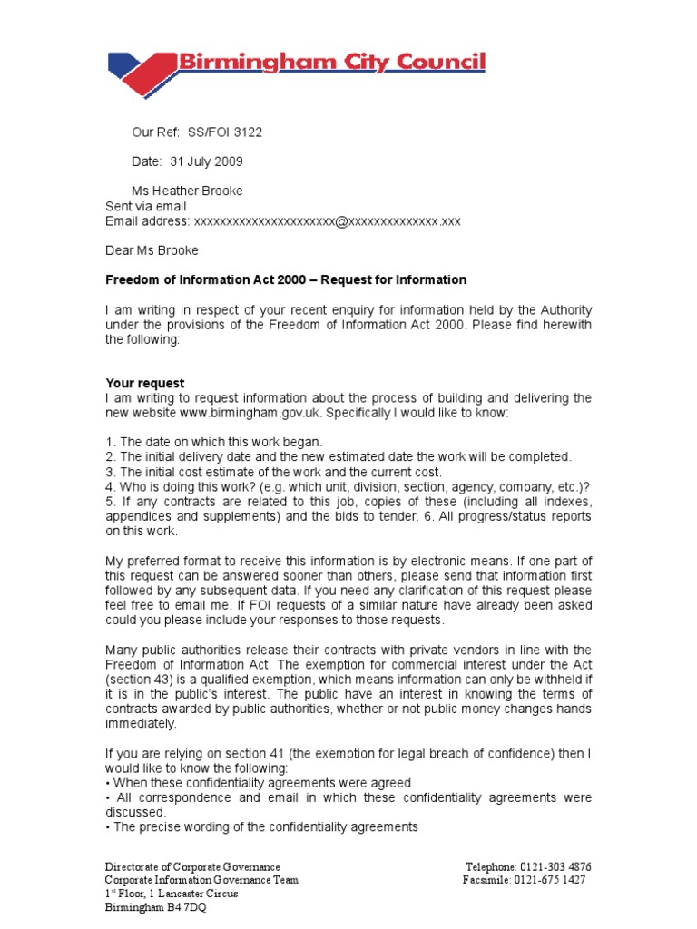 FOI Birmingham City Council Website Response  PDF  Non Disclosure