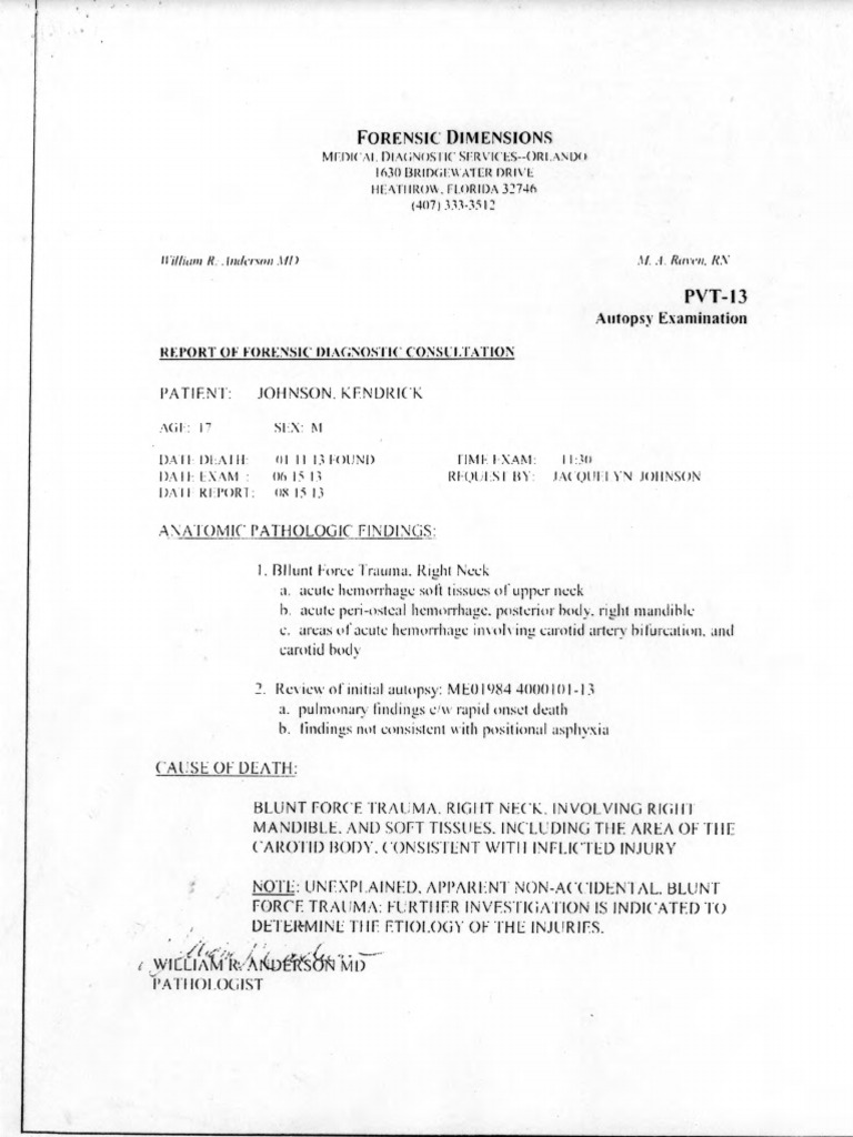 Kendrick Johnson Second Autopsy | PDF