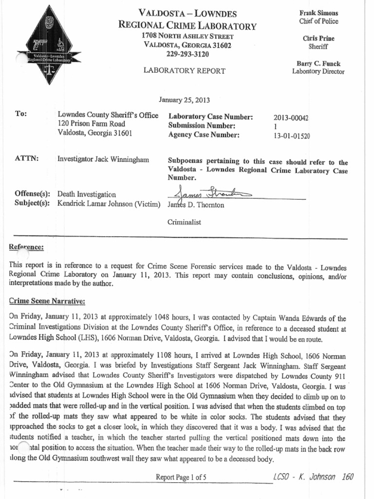 Kendrick Johnson Autopsy Report Summary | PDF | Crime Scene | Law ...