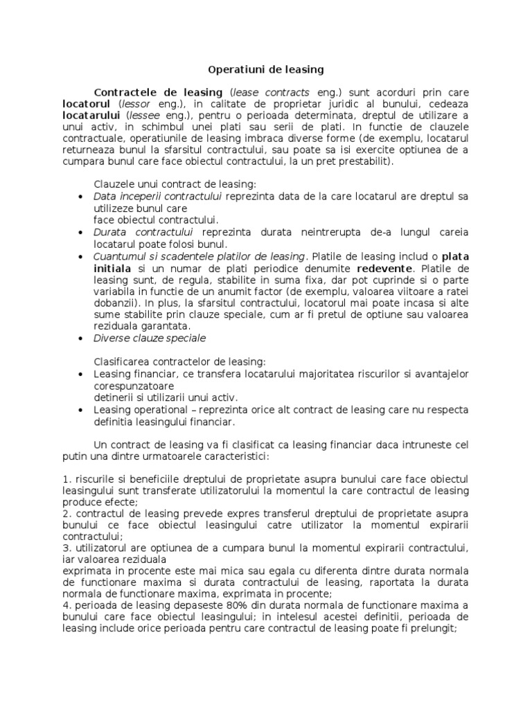 Operatiuni De Leasing Contractele De Leasing Lease Contracts Eng