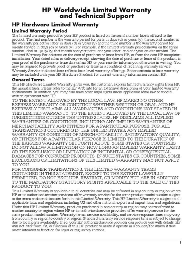 HP Worldwide Limited Warranty and Technical Support PDF Hewlett Packard Implied Warranty