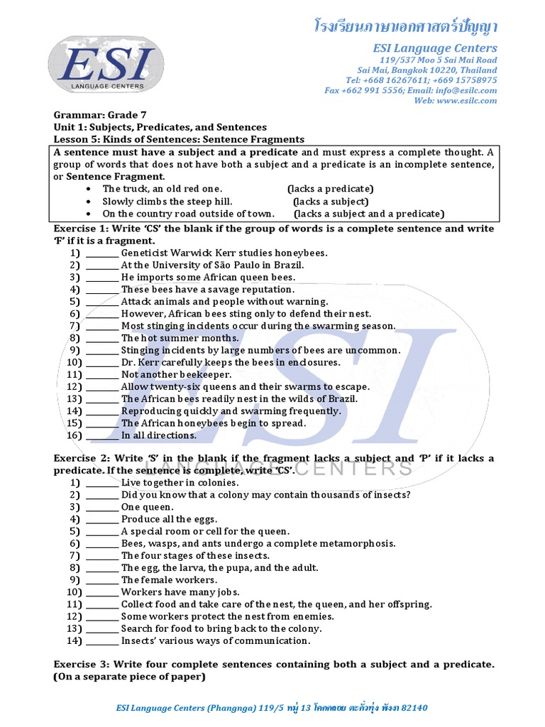 Grade 7 Grammar: Sentence Fragments | PDF | Bees | Sentence (Linguistics)
