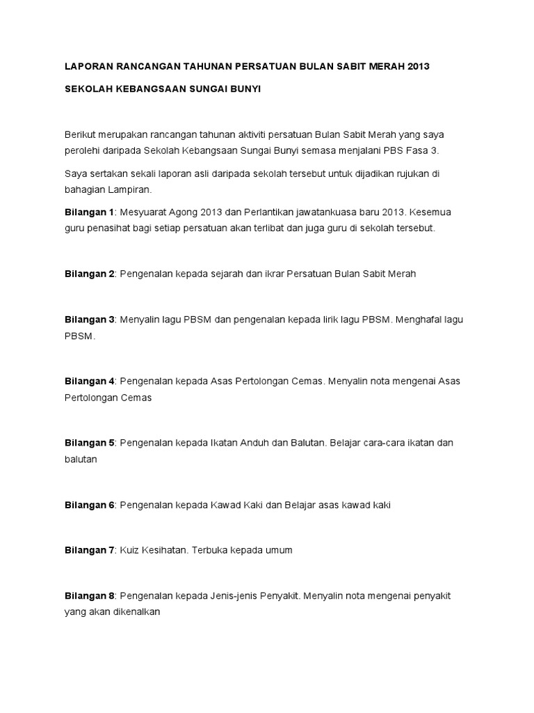 Laporan Rancangan Tahunan Persatuan Bulan Sabit Merah 2013 Doc