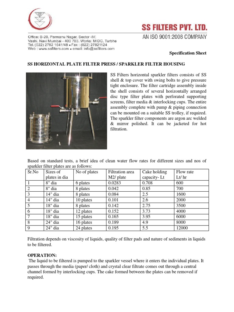 Sparkler plate filter housing.pdf Filtration Liquids