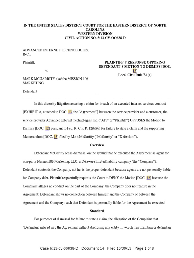 Plaintiff&rsquo;s Brief For Federal Court Opposing Defendant&rsquo;s Motion To 