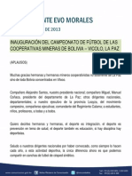 DISCURSO DEL PRESIDENTE MORALES EN LA INAUGURACIÓN DEL CAMPEONATO DE FÚTBOL DE LAS COOPERATIVAS MINERAS DE BOLIVIA – VICOLO, LA PAZ 28.09.2013