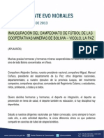 Discurso Del Presidente Morales en La Inauguración Del Campeonato de Fútbol de Las Cooperativas Mineras de Bolivia - Vicolo, La Paz 28.09.2013