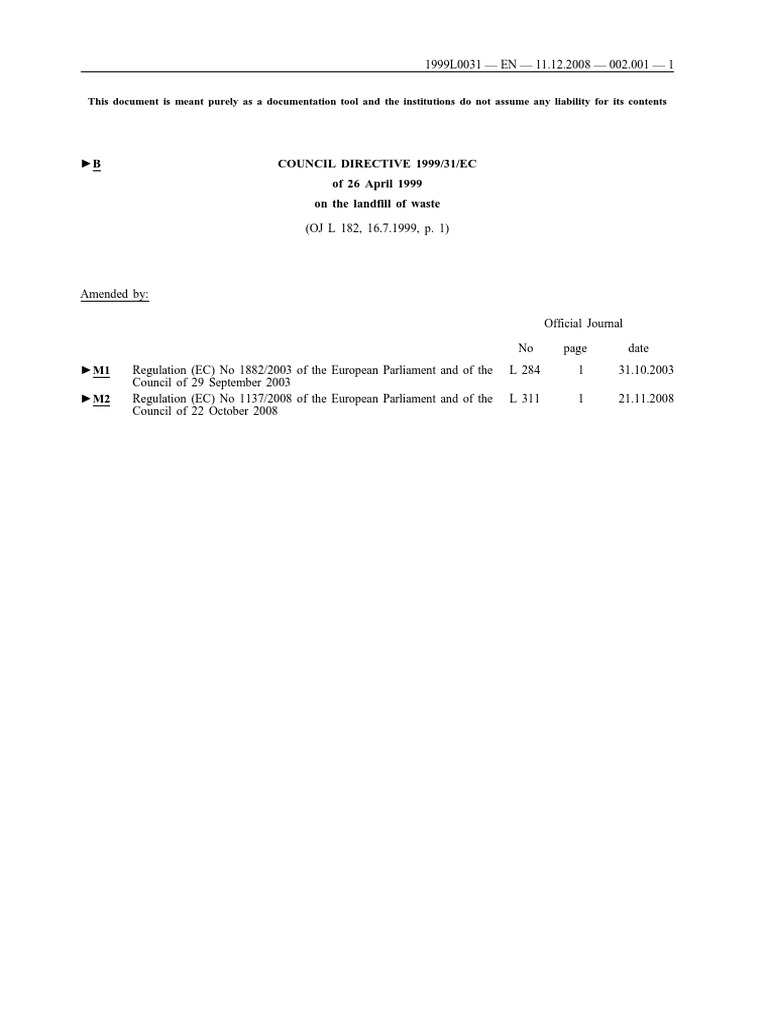 Council Directive 1999 31 EC landfill Of Waste pdf Landfill Waste