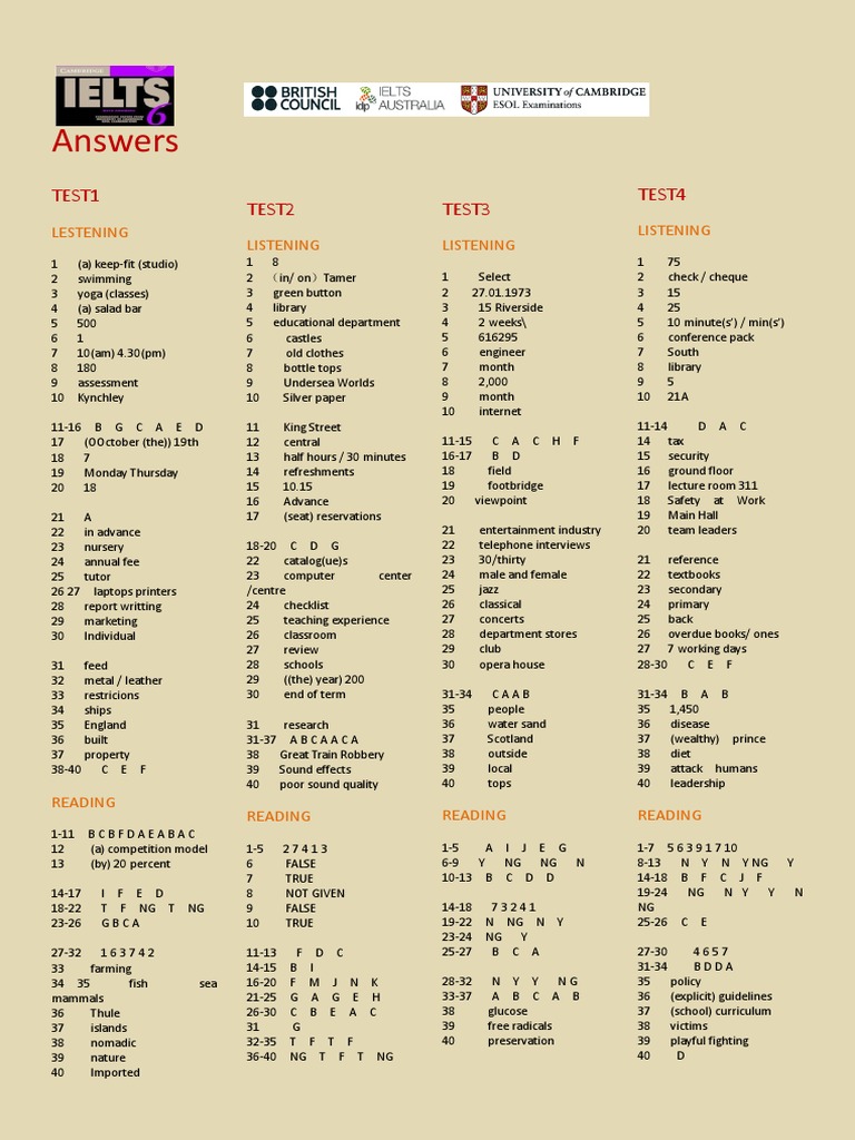 Cambridge Practice Tests for IELTS 6 Tests Answers