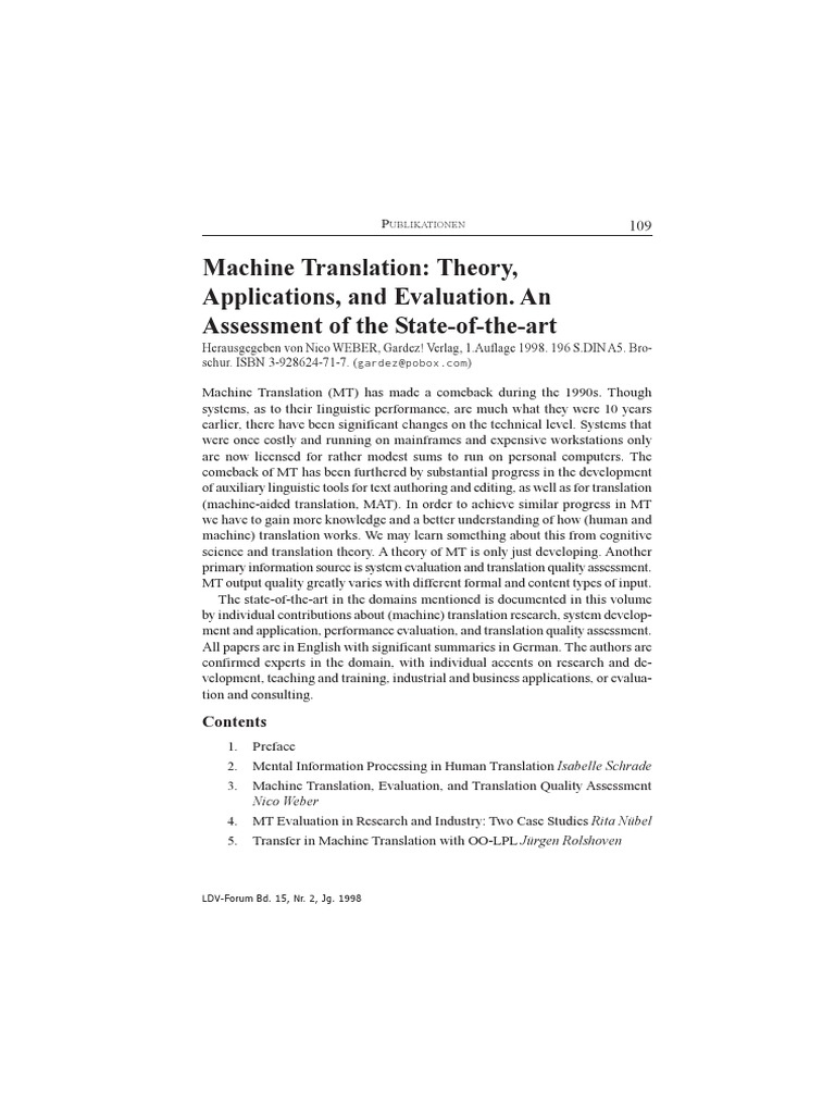 Machine Translation Theory, Applications, and Evaluation. An