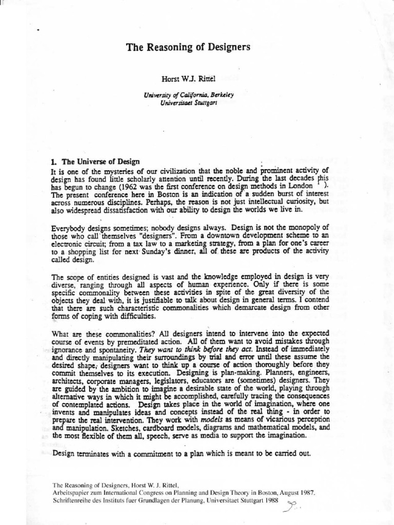 Reasoning of Designers Horst Rittel (1988) PDF | PDF
