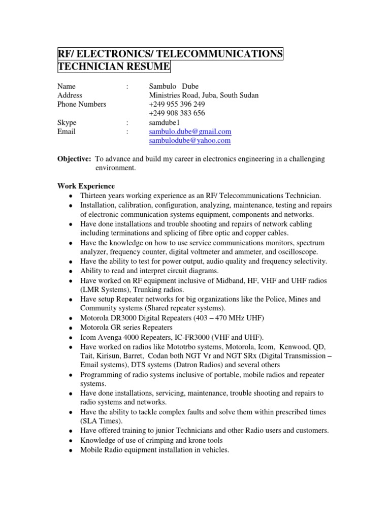 RF Technician Resume: Sambulo Dube | PDF | Radio | Telecommunication