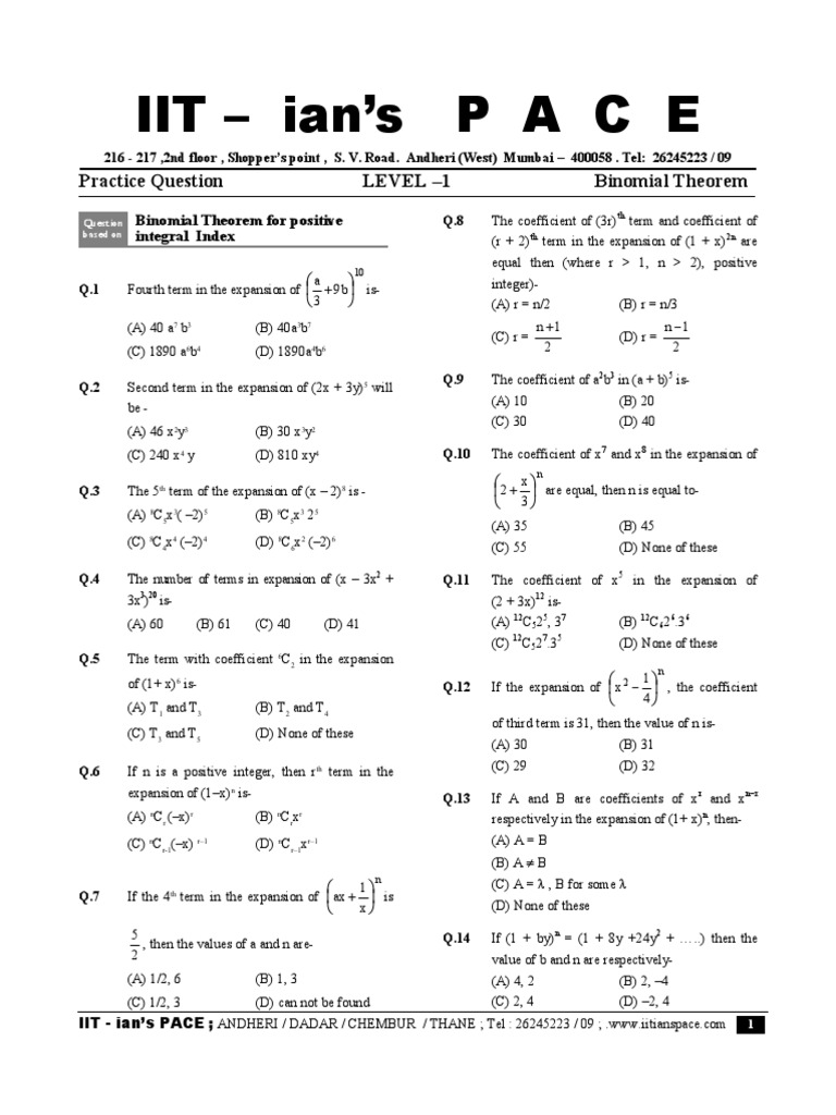 Binomial Theorem Practice Questions | PDF | Summation | Mathematical ...