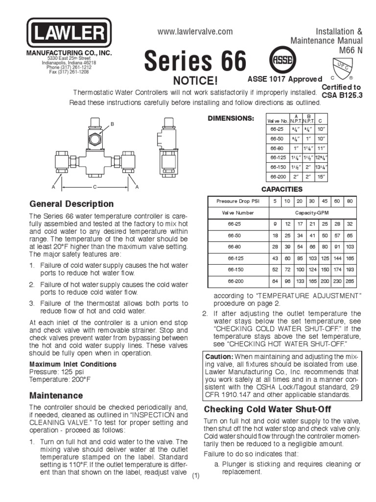 Lawler Series 66 Thermostatic Water Controller PDF PDF
