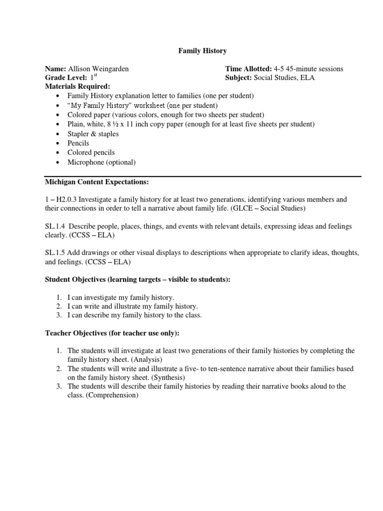 Family History Lesson Plan for Grade 1 | PDF | Educational Assessment ...
