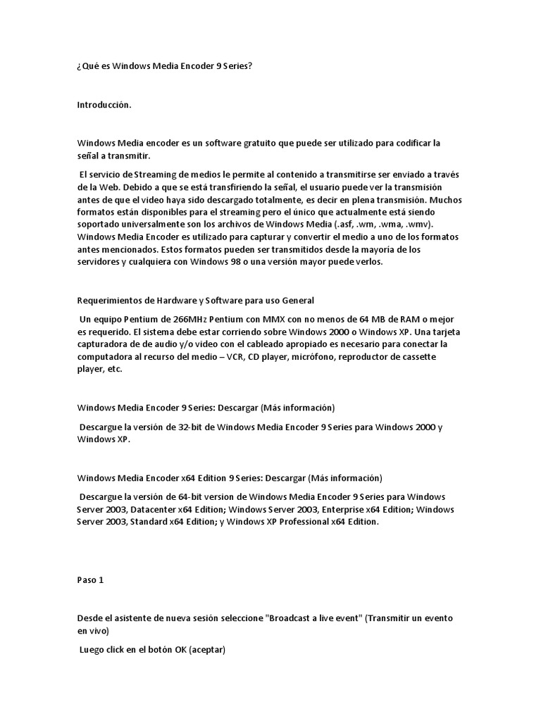 Qué Es Windows Media Encoder 9 Series PDF Windows 2000 Microsoft