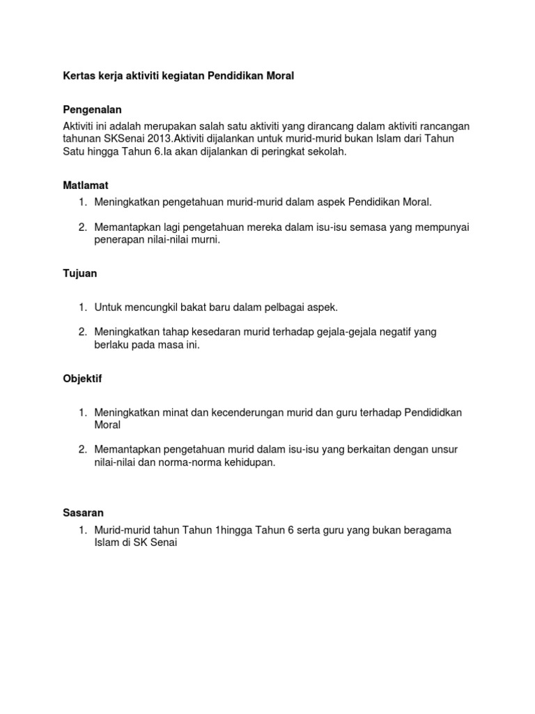Kertas Kerja Aktiviti Kegiatan Pendidikan Moral Pdf