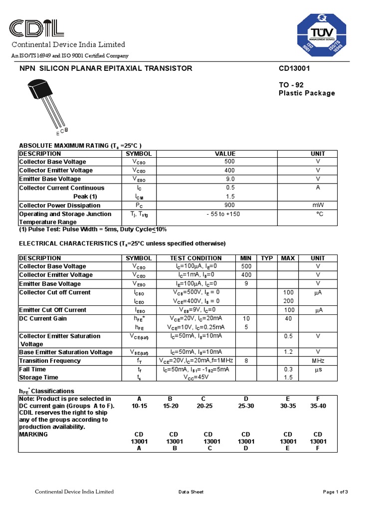 CD13001 TRANSISTOR datasheet.pdf Bipolar Junction Transistor Transistor
