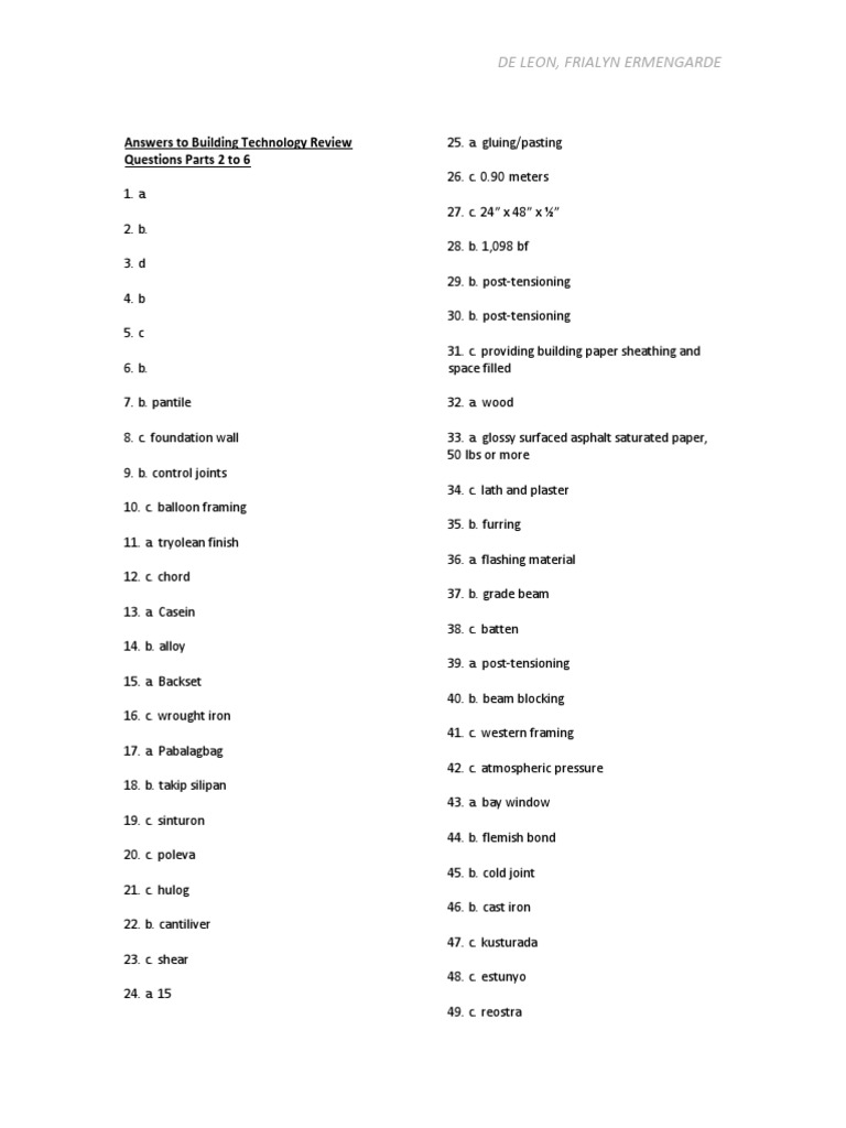 1 Answers To Building Technology Review Questions Parts 2 To 6 PDF ...