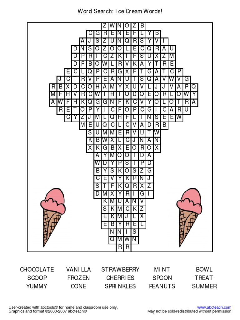 Icecream Word Search PDF | PDF | Language Arts & Discipline | Foreign Language Studies for Free Printable Ice Cream Word Search